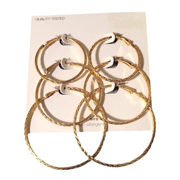Gold-Tone Textured Hoop Earring Set, 3-Piece - Picture 2 of 7